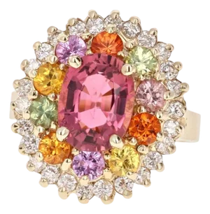 4.53 Carat Tourmaline Sapphire Diamond Yellow Gold Cluster Ring, Size 7
