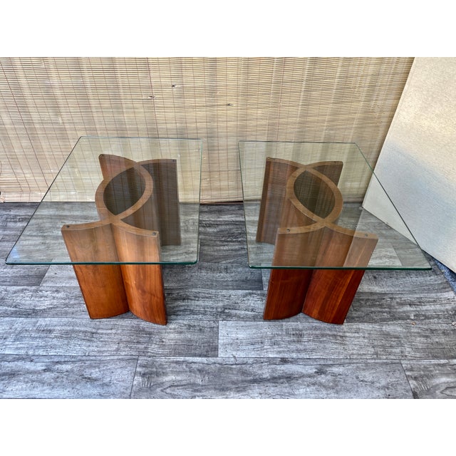 Vintage Mid- Century Modern Scandinavian-Style Bent Wood Side Tables with Glass Tops. Circa 1960s Features bent wood bases...