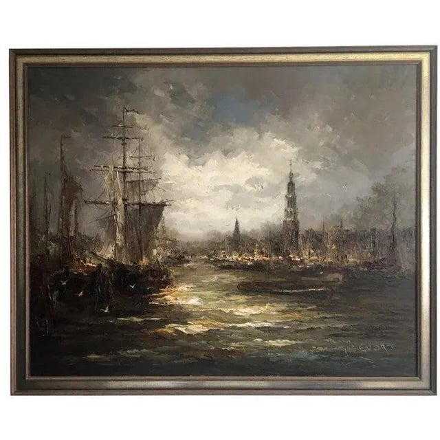 Blue Johannes Bevort, Harbor Scene, 20th Century, Oil on Canvas For Sale - Image 8 of 8