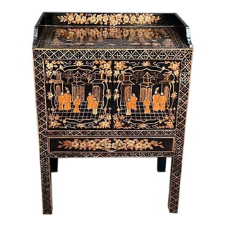 1970s Black and Gold Painted Asian Bar Cabinet For Sale