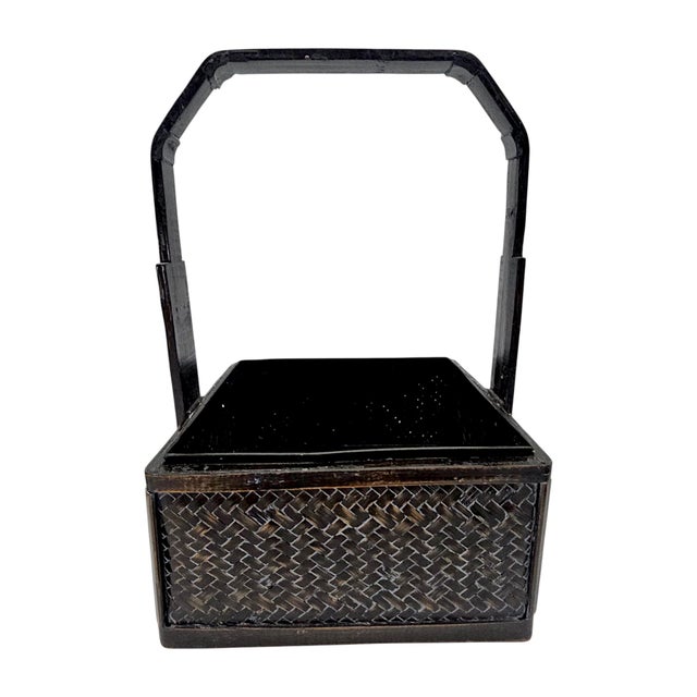 Wood Chinese Export Black Lacquer Wedding Basket With Bentwood Handle 13" For Sale - Image 7 of 14
