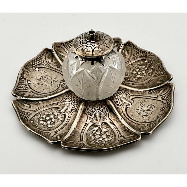 Outstanding Antique Victorian Hand Made London Sterling Silver & Hand Gut Crystal Inkwell - Circa 1865 For Sale - Image 14 of 18