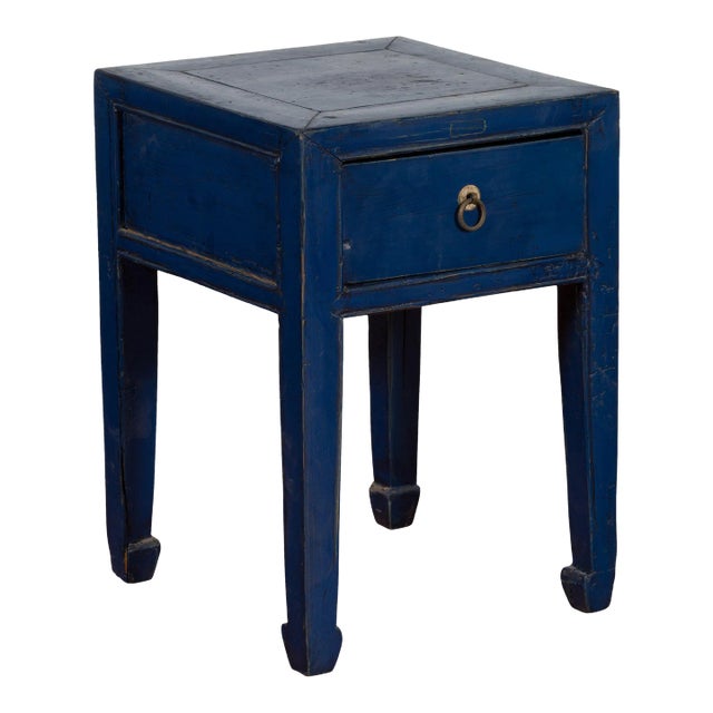 Early 20th Century Chinese Ming Dynasty Style Blue Lacquer Horse Hoof Leg Single Drawer Table For Sale
