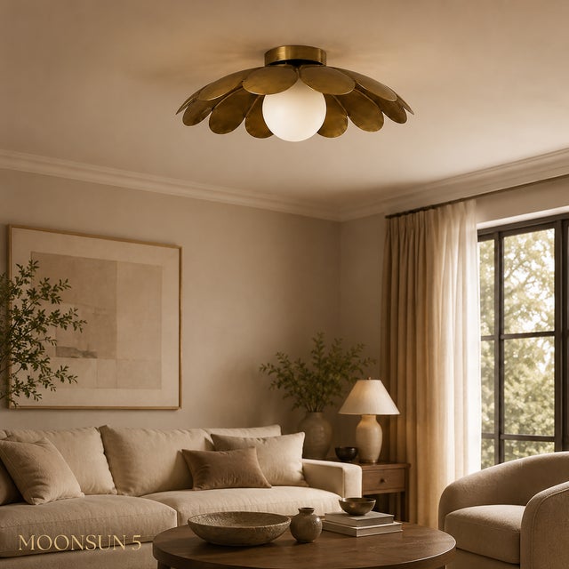 Metal Brass Flower Ceiling Light, Mid Century Modern Flush Mount Light, Daisy Ceiling Lamp, Frosted Glass Globe Fixture For Sale - Image 7 of 15