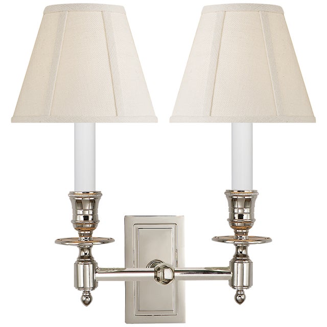 French Double Library Sconce in Polished Nickel with Linen Shades Height: 12" Extension: 8.75" Backplate: 2.5" x 4.5"...