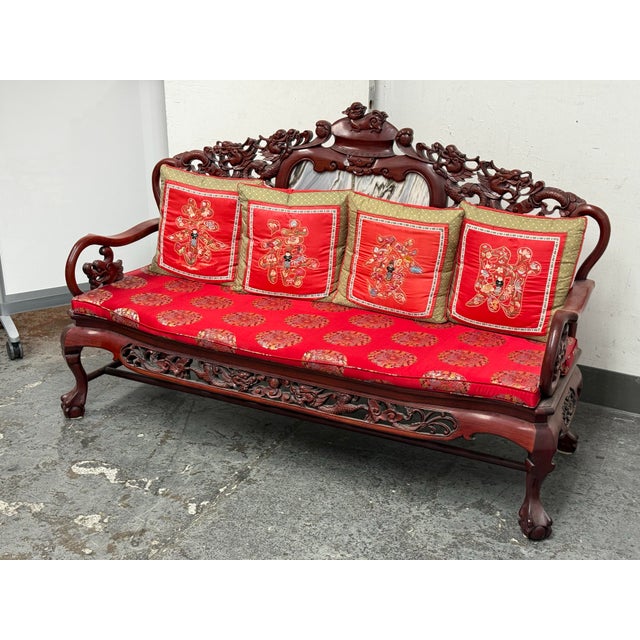 Red Vintage Qing Dynasty Carved Rosewood + Marble Sofa For Sale - Image 8 of 12