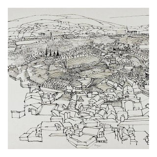 Mid Century Farming Village Pen & Ink Drawing For Sale