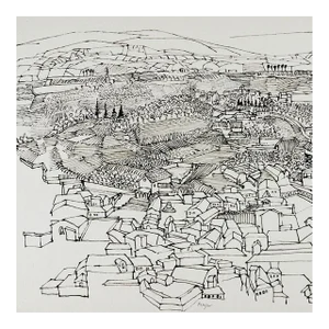 Mid Century Farming Village Pen & Ink Drawing