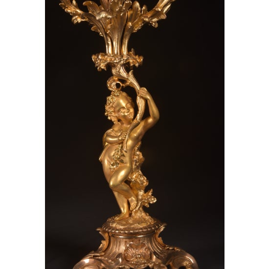 French 1840s French Louis XV Ormolu Gold Bronze Mantel Clock Set 3pc For Sale - Image 3 of 16