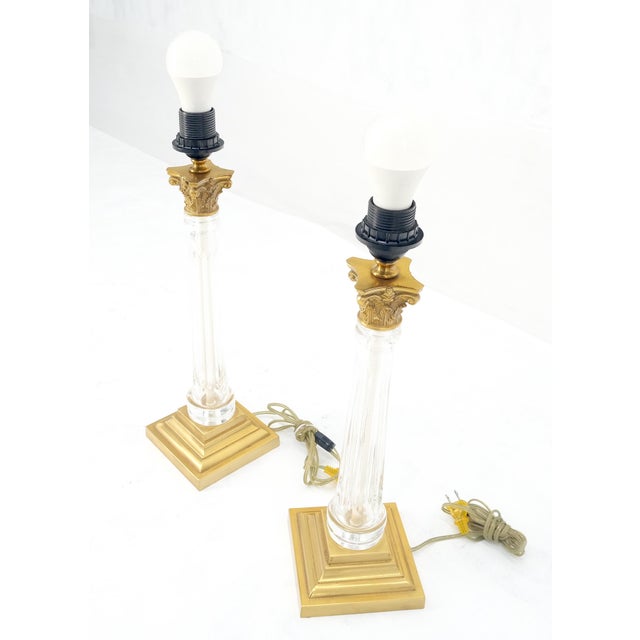 Mid 20th Century 960'sPair of Crystal & Square Brass Bases Ornate Shades 25" Tall Table Lamps For Sale - Image 5 of 15