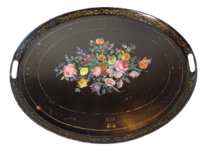 Large Antique Tin Tray with Hand Painted Flowers
