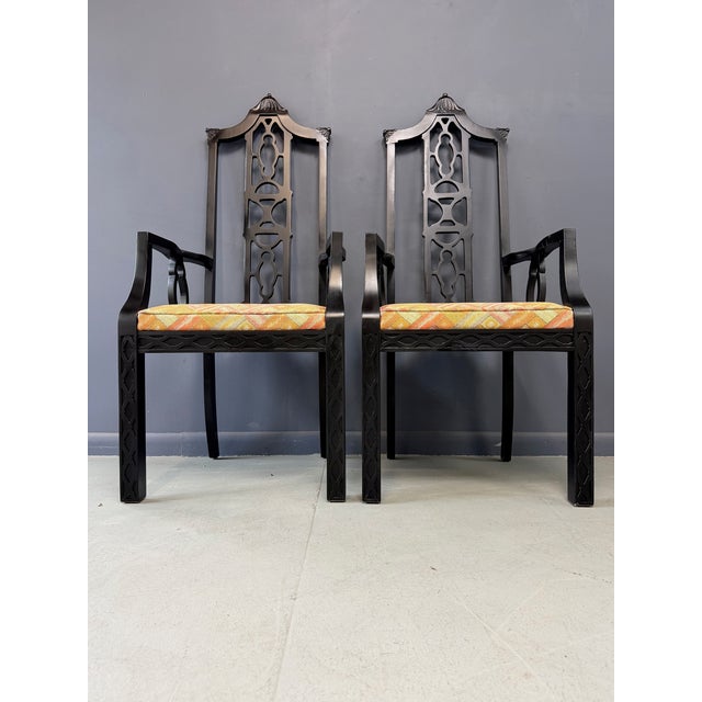 Paint Elegant Pair of 1970s Black Chinoiserie Arm Chairs W/Carved Details Mid Century For Sale - Image 7 of 11