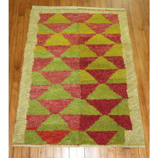 Mid-Century Modern Zabihi Collection Lime Green Red Accent Vintage Turkish 20th Century Shag Rug For Sale - Image 3 of 6