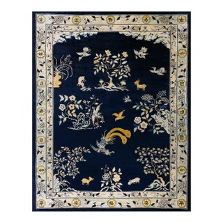 1880s Blue Navy Open Field Chinoiserie Pattern Antique Chinese Peking Rug For Sale
