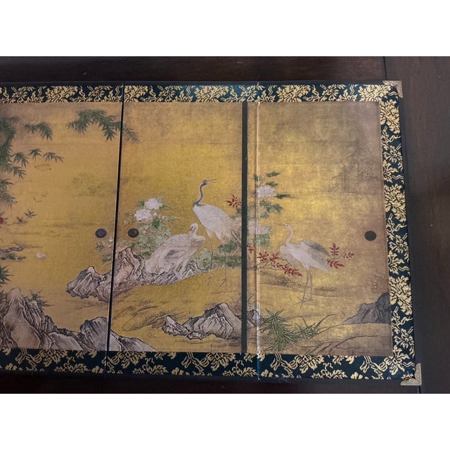 Paper Vintage Asian-Inspired Four-Panel Tabletop Folding Screen With Cranes & Bamboo Designs. For Sale - Image 7 of 12
