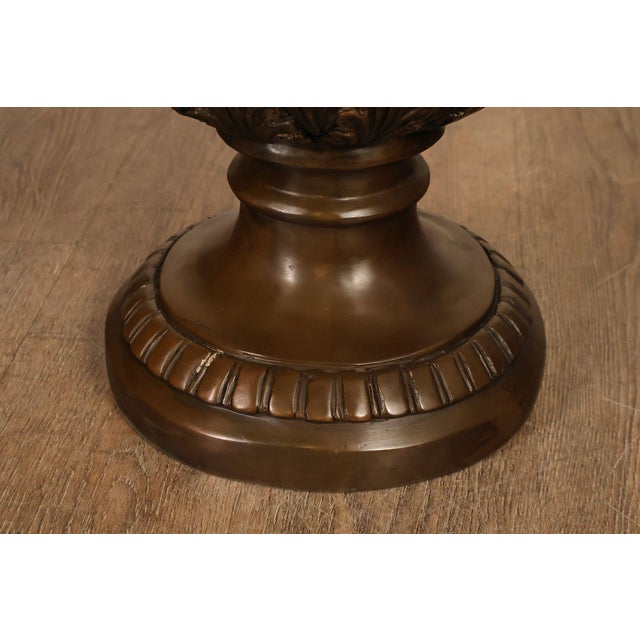 Neoclassical Style Large Pair Of Cast Bronze Covered Urns With Figural Relief For Sale - Image 10 of 18