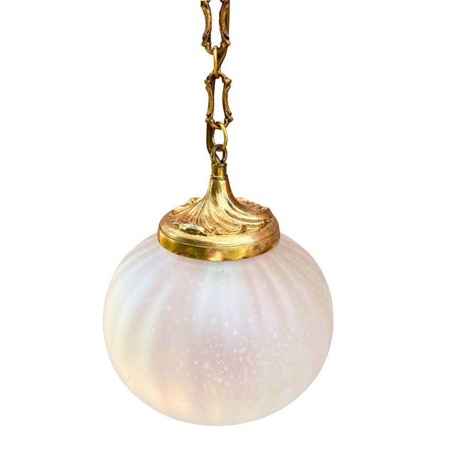 Vintage French Louis XV Revival Gilt Bronze and Frosted Glass Pendant Light, 1950s For Sale - Image 3 of 7