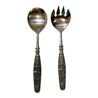 Vintage Konge Tinn Hardanger Sylvplett Norwegian Pewter Serving Utensils Salad Spoon and Fork Set For Sale