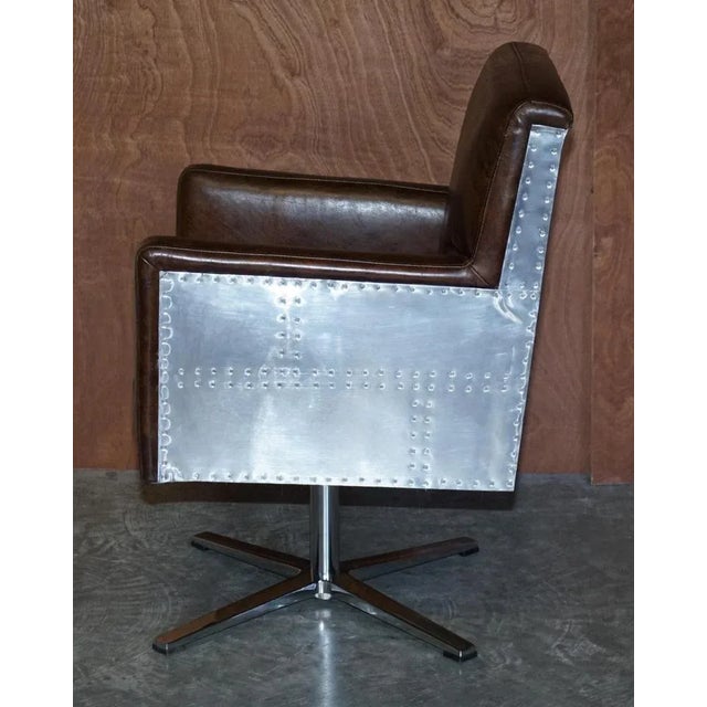 Hand Dyed Brown Leather Aviator Hammered Metal Swivel Captains Armchair For Sale - Image 17 of 18