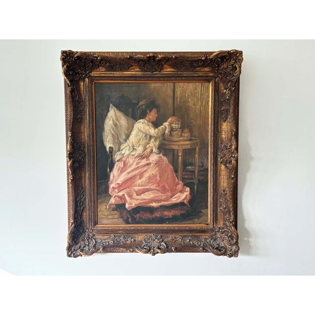 Pink Dress Lady, 1920s, Oil on Canvas & Linen For Sale - Image 8 of 13