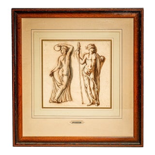 Mixed Medium Antique Framed Neoclassical Drawing Gouache Watercolor Classical Male Female Figures Art Grand Tour Style For Sale
