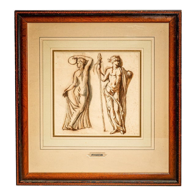 Mixed Medium Antique Framed Neoclassical Drawing Gouache Watercolor Classical Male Female Figures Art Grand Tour Style For Sale