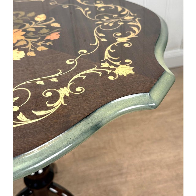 Celadon Vintage Italian Rococo Floral Marquetry Fruitwood Turtle Top Side Table For Sale - Image 8 of 12