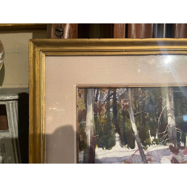 Gray American Winter Forest Watercolor Painting in Gilt Frame Signed G. Carpenter For Sale - Image 8 of 13
