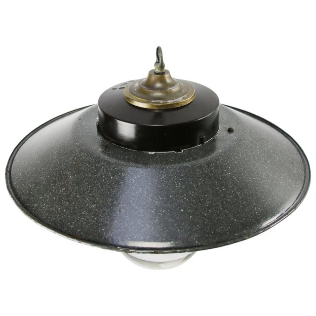 Industrial Vintage Industrial Bakelite Brass and Glass Pendant Light in Grey Enamel For Sale - Image 3 of 5
