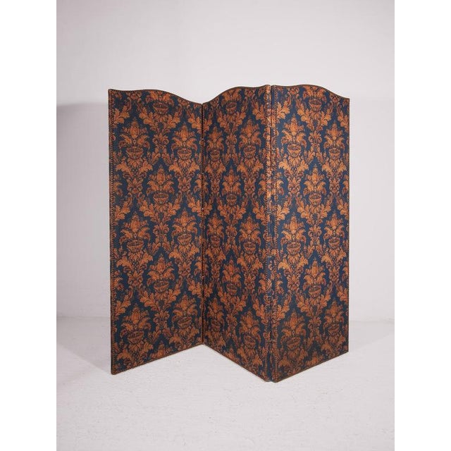 Antique Room Divider Paravent Folding Screen with Blue and Gold Fabric, 1900 For Sale - Image 6 of 11