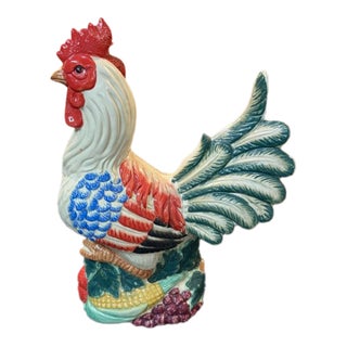 Large Vintage Majolica Style Ceramic Rooster Figurine For Sale