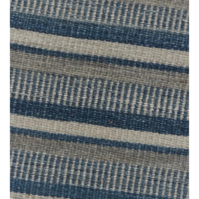 MANSOUR Modern Handwoven Blue Striped Flatweave Rug For Sale - Image 4 of 8