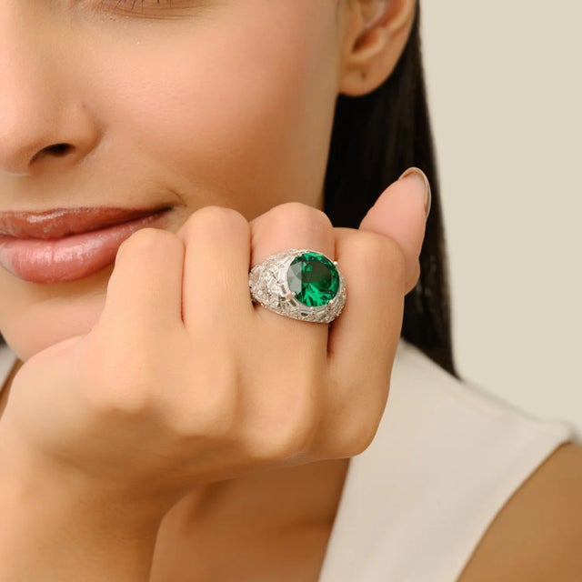 Vintage-Inspired Green Cz Dome Ring in Sterling Silver by Carat&her - Size 7 For Sale - Image 4 of 12