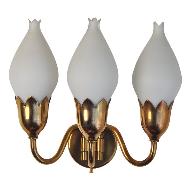 Three-Arm Brass and Opaline Glass Tulip Wall Lamp from Fog & Mørup, 1950s For Sale