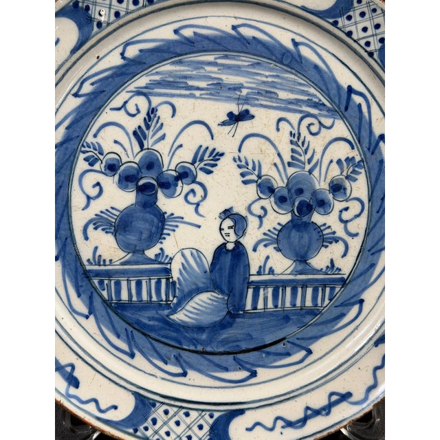 Ceramic Dutch Delft Blue and White Plate with Hand Painted Chinoiserie, 17th Century For Sale - Image 7 of 10