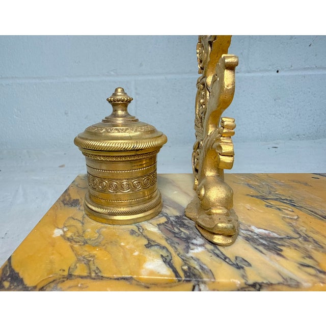 Antique French Siena Marble Bronze Dual Dolphin Empire Statue Desk Inkwell Stand For Sale - Image 12 of 14