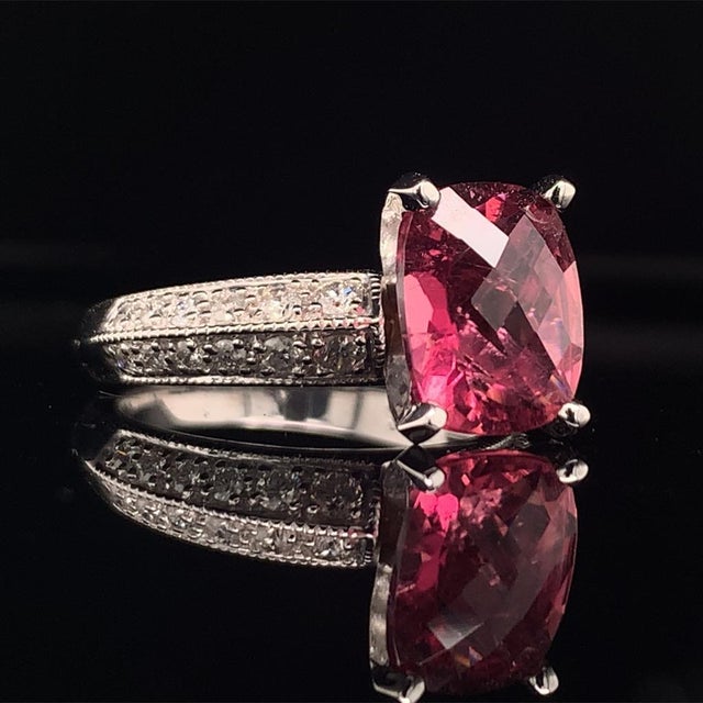 Diamond Tourmaline Rubellite Ring 6.75 14k Gold 4.10 TCW Women Certified For Sale - Image 10 of 16
