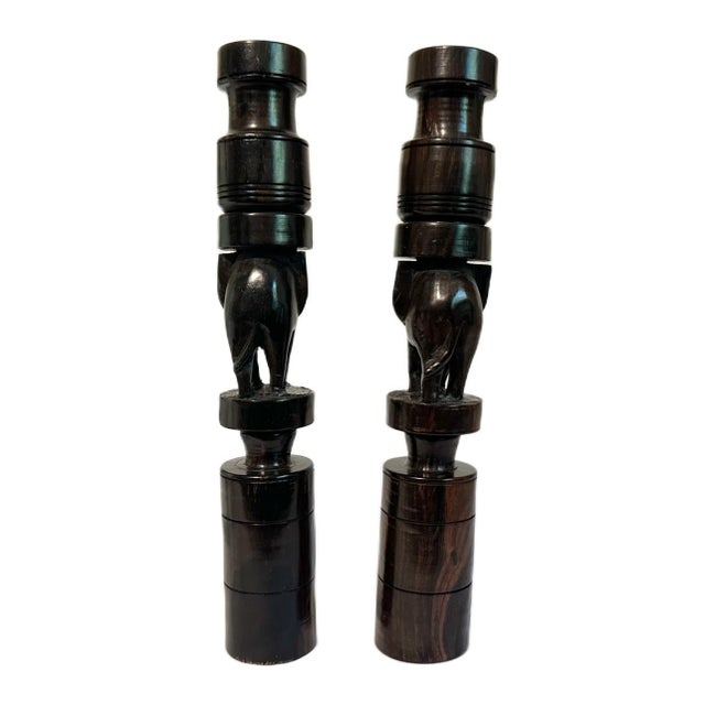 Mid 20th Century Vintage Tall African Elephant Carved Ebony Wood Candlestick Candle Holders For Sale - Image 5 of 5