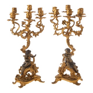 19th Century Pair Gilt Bronze French Louis XVI Style Ormolu and Figural Six Light Candelabra With Putto For Sale