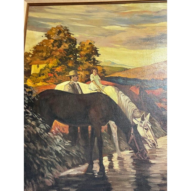 Oxblood Red Vintage Signed “Bell” American West Large Painting on Canvas- Watering the Horses For Sale - Image 8 of 12