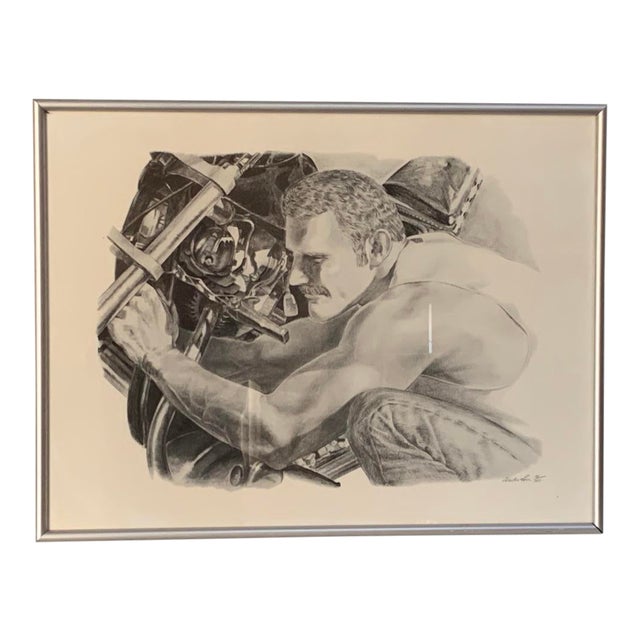 Weston Rose Graphite Signed Lithograph Motorcycle Mechanic - C.1980 For Sale