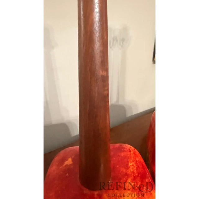 Pair of Mid-Century Modern Lava Glaze Ceramic Table Lamps Attributed to Poole Pottery, Walnut Necks, 26” H, Circa 1960s–1970s For Sale - Image 10 of 16