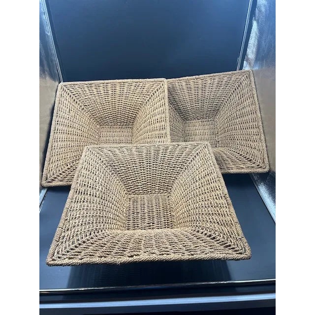 Three (3) beautiful vintage natural woven seagrass large square baskets. Unusual & rare shape and style. Wonderful...