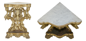 Antique Italian Gold Giltwood & Marble Herm Carved Corner Table, 1860s