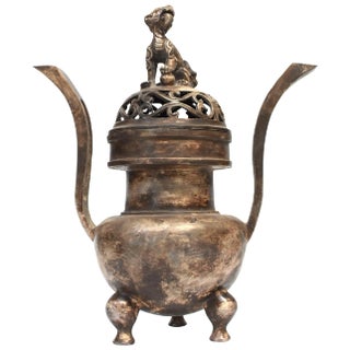 Chinese Antique Incense Burner, Large, White Brass With Foo Dog For Sale