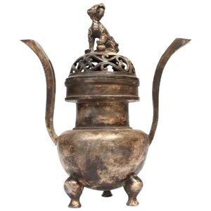 Chinese Qing Dynasty Antique Incense Burner, Large, White Brass With Foo Dog