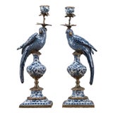 Blue and White Porcelain Parrot Candle Holder With Bronze Ormolu Left and Right Drama For Sale