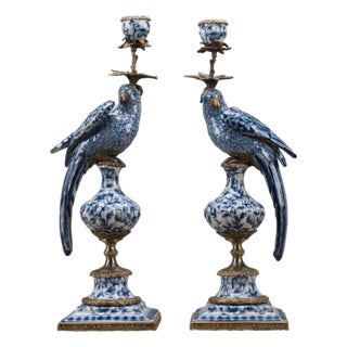 Blue and White Porcelain Parrot Candle Holder With Bronze Ormolu Left and Right Drama For Sale