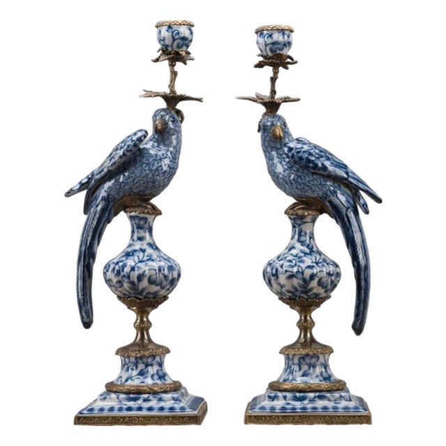 Blue and White Porcelain Parrot Candle Holder With Bronze Ormolu Left and Right Drama For Sale