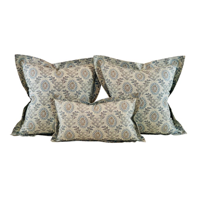 French General Ciel Blue Cream Gray Boheme Floral Pillow Covers- 3 Pieces For Sale
